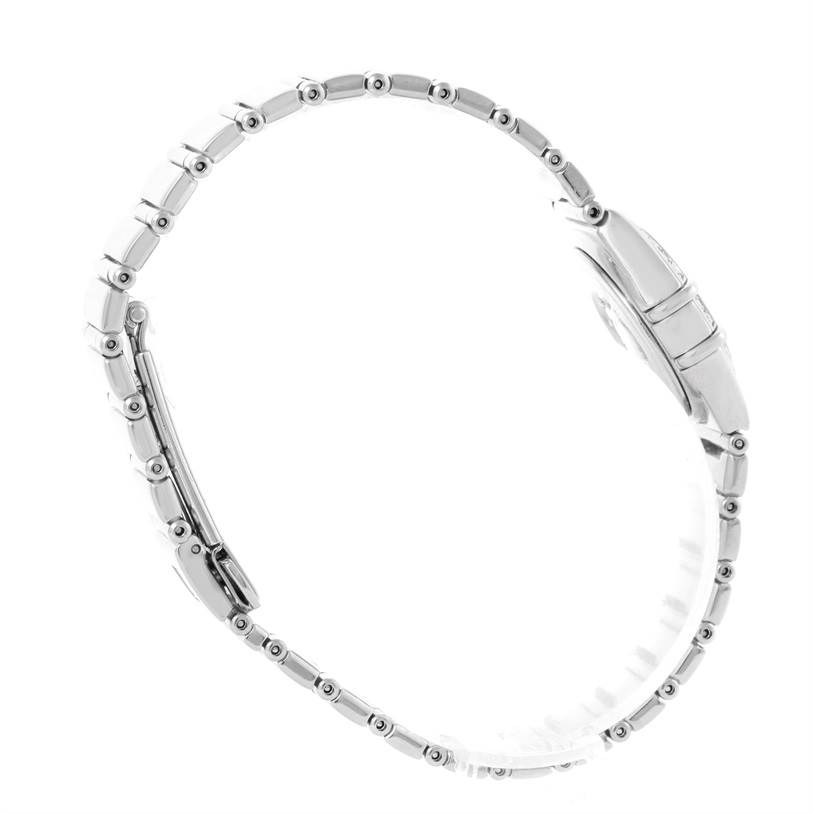 The image shows a side view of the bracelet and clasp of the Omega 1465.51.00 Women's Stainless Steel Black Dial 1465.51.00 Women's Stainless Steel Black Dial Constellation My Choice Mini Ladies Diamond Watch 1465.51.00.