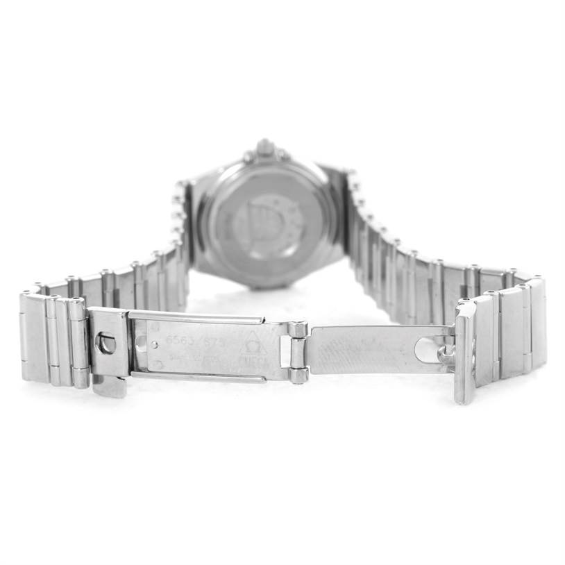 This image shows the open clasp and back of the Omega 1465.51.00 Women's Stainless Steel Black Dial 1465.51.00 Women's Stainless Steel Black Dial Constellation My Choice Mini Ladies Diamond Watch 1465.51.00.