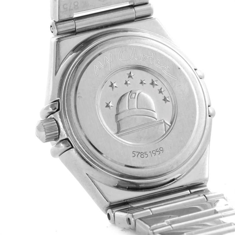 The image shows the back case and part of the bracelet of the Omega 1465.51.00 Women's Stainless Steel Black Dial 1465.51.00 Women's Stainless Steel Black Dial Constellation My Choice Mini Ladies Diamond Watch 1465.51.00.