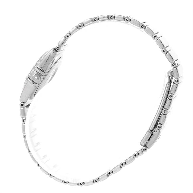 This image shows a side view of the bracelet and clasp of the Omega 1465.51.00 Women's Stainless Steel Black Dial 1465.51.00 Women's Stainless Steel Black Dial Constellation My Choice Mini Ladies Diamond Watch 1465.51.00.