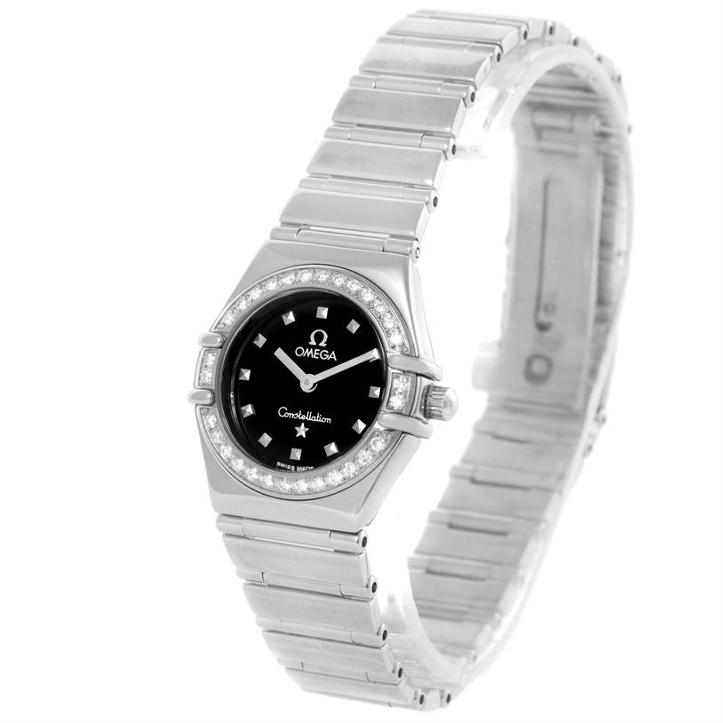 The image shows an Omega 1465.51.00 Women's Stainless Steel Black Dial 1465.51.00 Women's Stainless Steel Black Dial Constellation My Choice Mini Ladies Diamond Watch 1465.51.00, displaying the front, face, and bracelet.