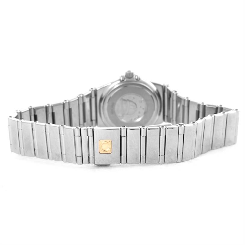 The image shows the back view of the Omega 1465.51.00 Women's Stainless Steel Black Dial 1465.51.00 Women's Stainless Steel Black Dial Constellation My Choice Mini Ladies Diamond Watch 1465.51.00, highlighting the bracelet and clasp.