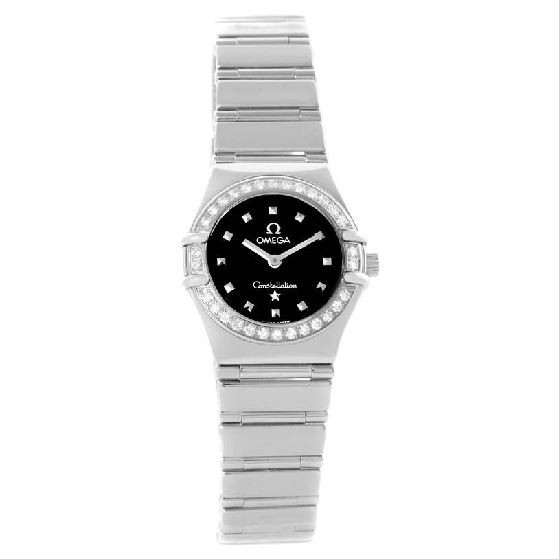 The image shows a front view of the Omega 1465.51.00 Women's Stainless Steel Black Dial 1465.51.00 Women's Stainless Steel Black Dial Constellation My Choice Mini Ladies Diamond Watch 1465.51.00, displaying its face and band.