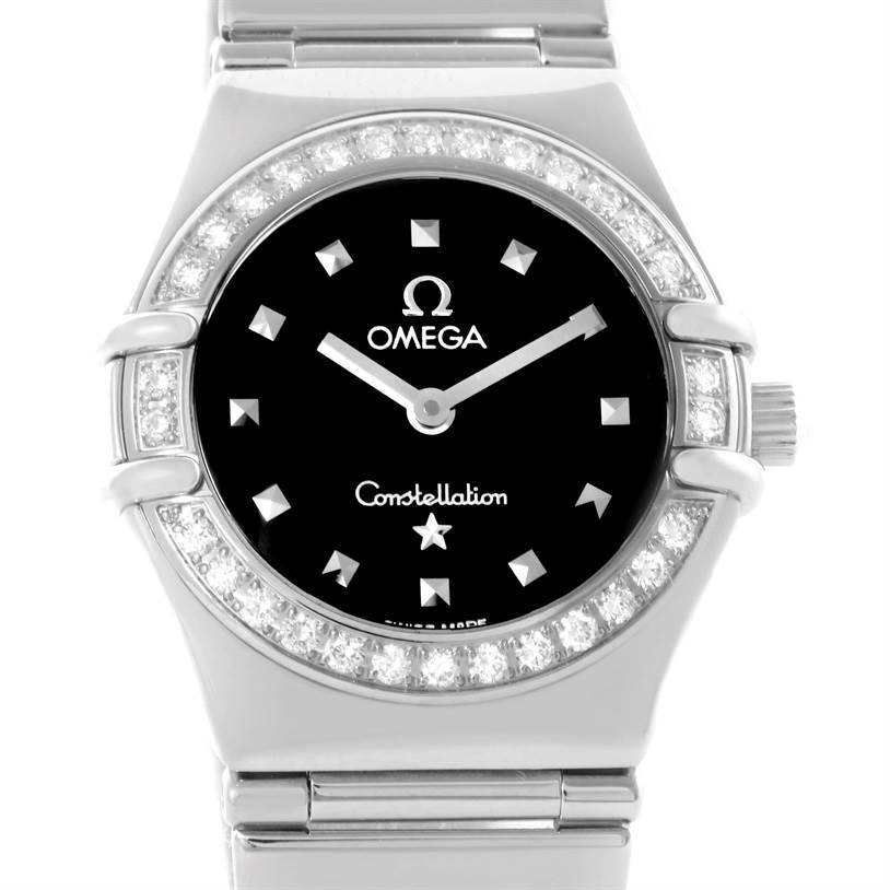 The image shows a frontal view of the Omega 1465.51.00 Women's Stainless Steel Black Dial 1465.51.00 Women's Stainless Steel Black Dial Constellation My Choice Mini Ladies Diamond Watch 1465.51.00, highlighting the bezel and diamond-studded dial.