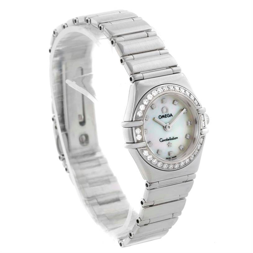 The image shows an Omega 1465.71.00 Women's Stainless Steel Mother of Pearl Dial 1465.71.00 Women's Stainless Steel Mother of Pearl Dial Constellation My Choice Ladies Mini Watch 1465.71.00 at an angled front view, highlighting the face, bezel, and band.