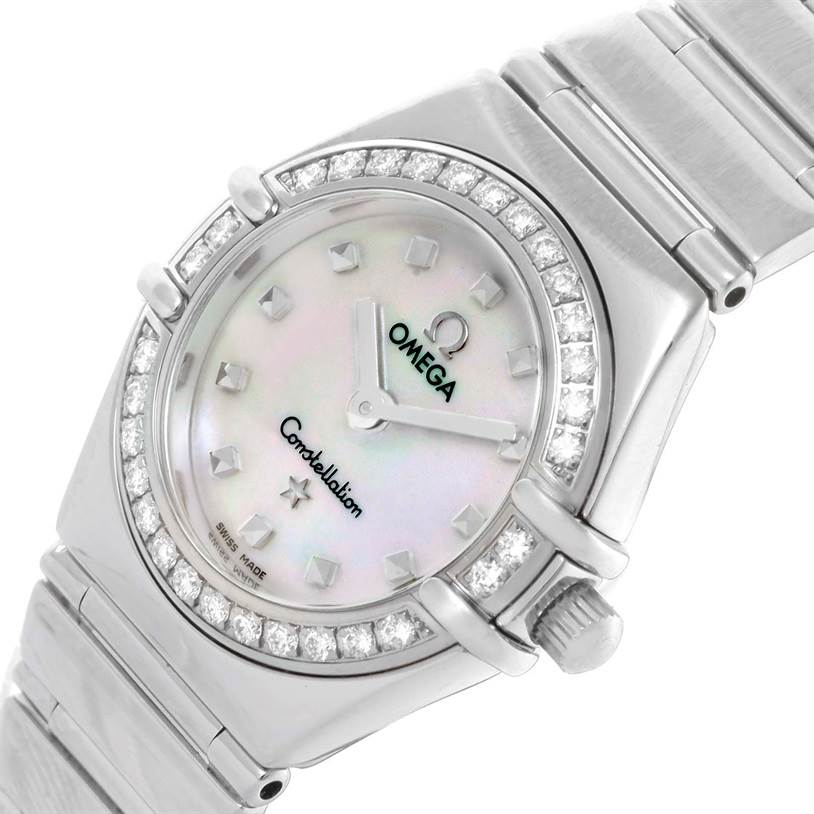 The image shows the face and part of the band of the Omega 1465.71.00 Women's Stainless Steel Mother of Pearl Dial 1465.71.00 Women's Stainless Steel Mother of Pearl Dial Constellation My Choice Ladies Mini Watch 1465.71.00.