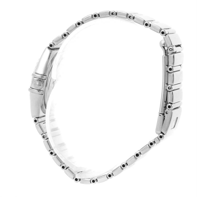 This image shows a side view of the Omega 1465.71.00 Women's Stainless Steel Mother of Pearl Dial 1465.71.00 Women's Stainless Steel Mother of Pearl Dial Constellation My Choice Ladies Mini Watch 1465.71.00, focusing on its bracelet and clasp.