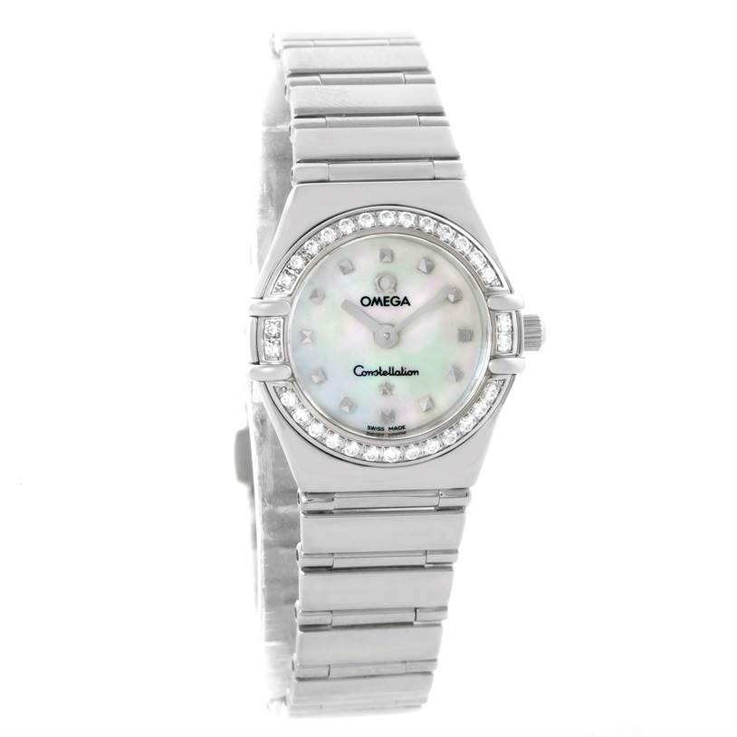 The image shows a front view of the Omega 1465.71.00 Women's Stainless Steel Mother of Pearl Dial 1465.71.00 Women's Stainless Steel Mother of Pearl Dial Constellation My Choice Ladies Mini Watch 1465.71.00, focusing on its face and bracelet.