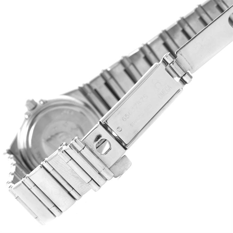 The image shows the stainless steel bracelet and clasp of the Omega 1465.71.00 Women's Stainless Steel Mother of Pearl Dial 1465.71.00 Women's Stainless Steel Mother of Pearl Dial Constellation My Choice Ladies Mini Watch 1465.71.00 model.