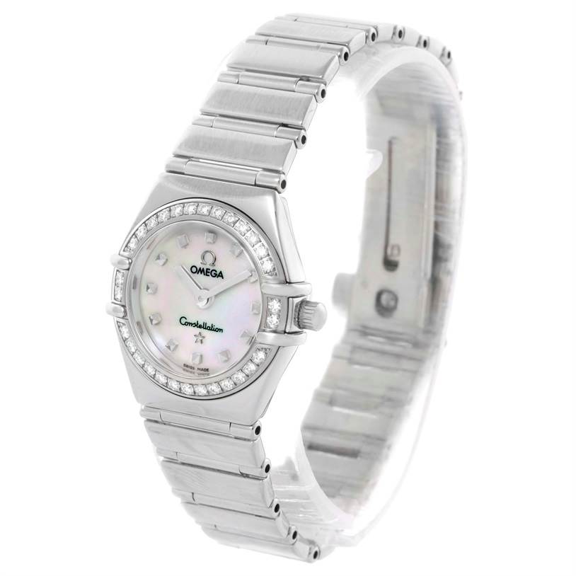 The image shows an Omega 1465.71.00 Women's Stainless Steel Mother of Pearl Dial 1465.71.00 Women's Stainless Steel Mother of Pearl Dial Constellation My Choice Ladies Mini Watch 1465.71.00 from an angled front view, highlighting its face, bezel, and bracelet.