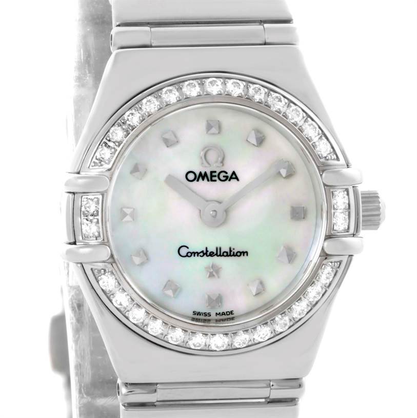The image shows a front view of the Omega 1465.71.00 Women's Stainless Steel Mother of Pearl Dial 1465.71.00 Women's Stainless Steel Mother of Pearl Dial Constellation My Choice Ladies Mini Watch 1465.71.00, including the dial and part of the bracelet.