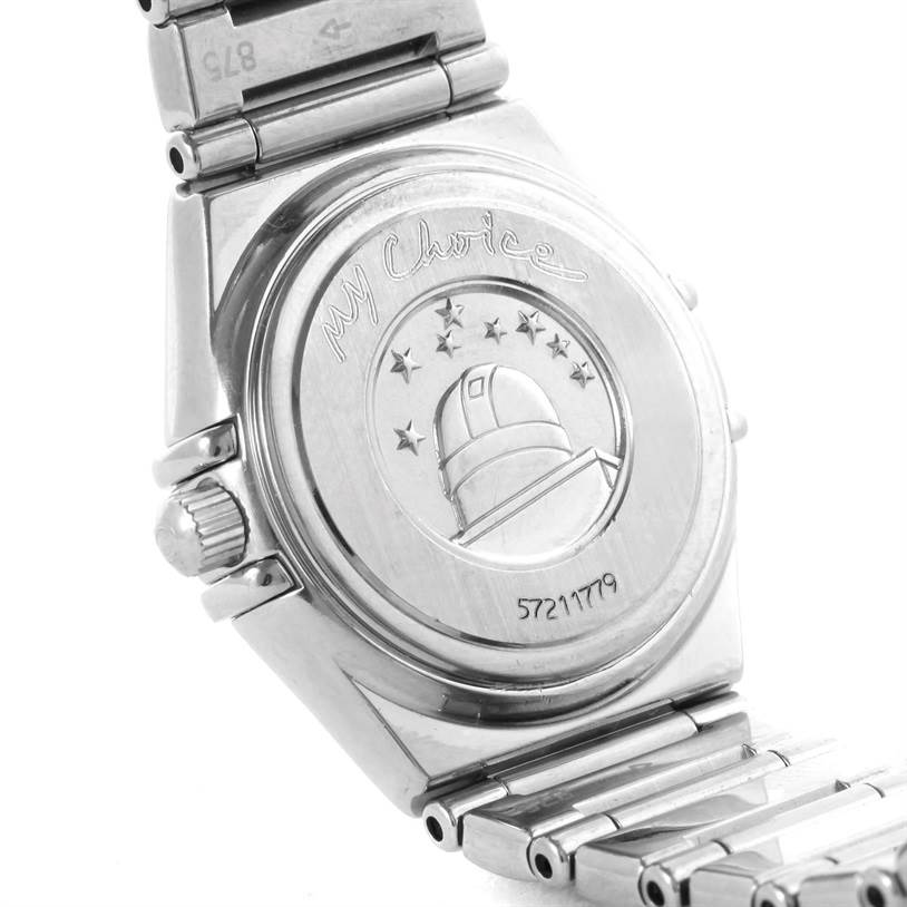 The image shows the back case and part of the bracelet of the Omega 1465.71.00 Women's Stainless Steel Mother of Pearl Dial 1465.71.00 Women's Stainless Steel Mother of Pearl Dial Constellation My Choice Ladies Mini Watch 1465.71.00 model.