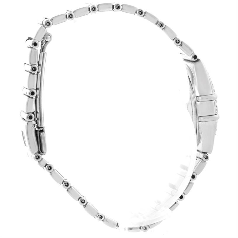 This is a side view of the Omega 1465.71.00 Women's Stainless Steel Mother of Pearl Dial 1465.71.00 Women's Stainless Steel Mother of Pearl Dial Constellation My Choice Ladies Mini Watch 1465.71.00, showcasing its bracelet and partially visible case.