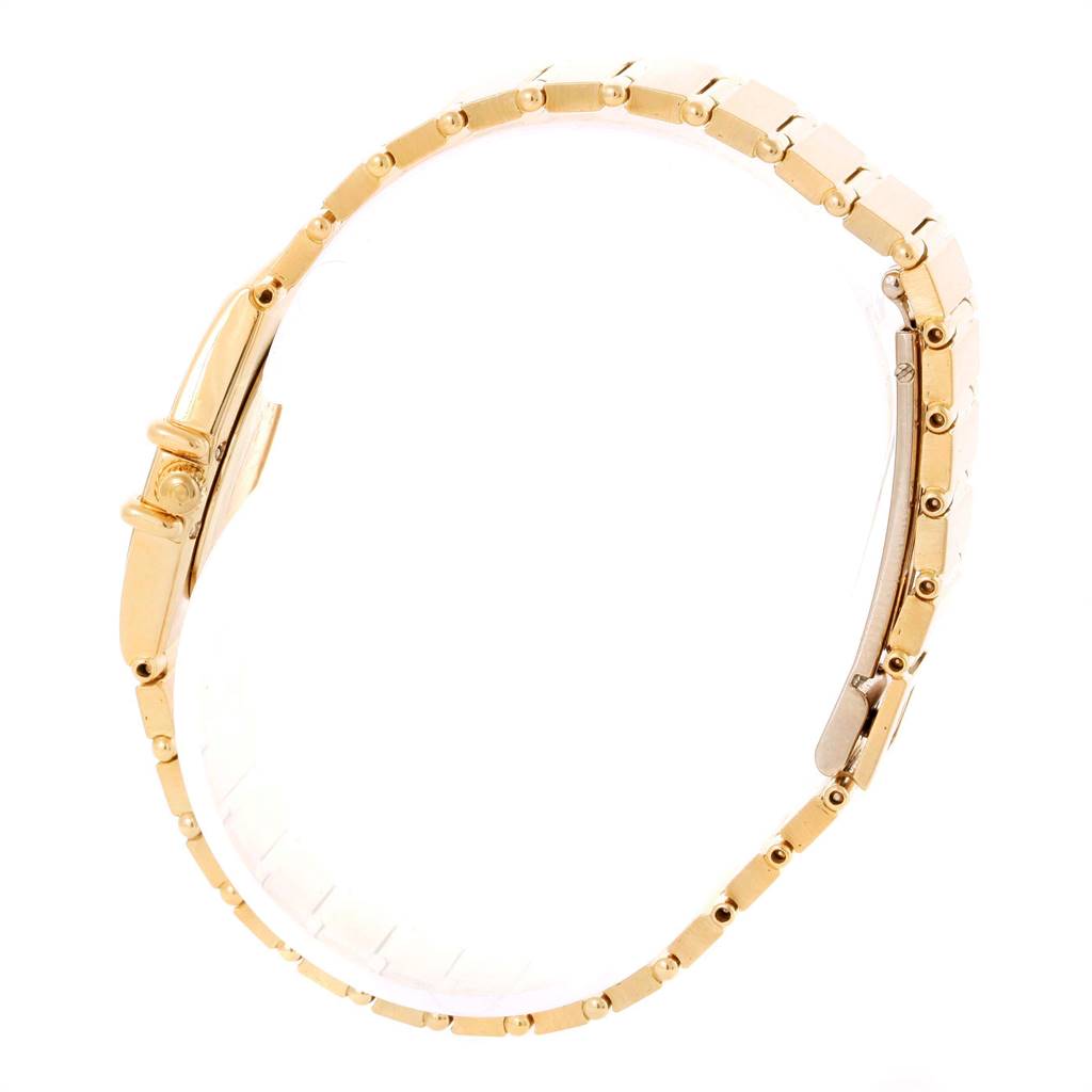 The image shows a side view of the Omega 1164.75.00 Women's Yellow Gold Black Dial 1164.75.00 Women's Yellow Gold Black Dial Constellation 18K Yellow Gold Diamond Ladies Watch 1164.75.00, focusing on the gold bracelet and clasp.