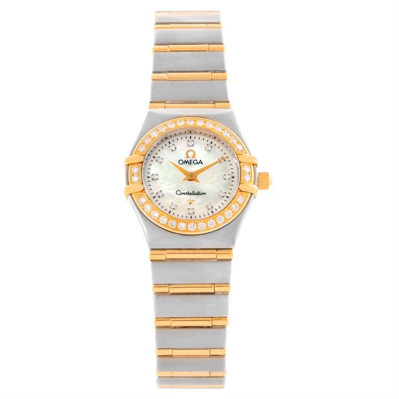 The image shows a front-facing view of the Omega 1267.75.00 Women
s Steel and Gold (two tone) Mother of Pearl Dial 1267.75.00 Women
s Steel and Gold (two tone) Mother of Pearl Dial Constellation My Choice Mini Diamond Watch 1267.75.00, highlighting its face and bracelet.
