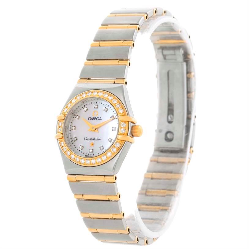 The image shows an angled view of the Omega 1267.75.00 Women
s Steel and Gold (two tone) Mother of Pearl Dial 1267.75.00 Women
s Steel and Gold (two tone) Mother of Pearl Dial Constellation My Choice Mini Diamond Watch 1267.75.00, displaying the face and bracelet.