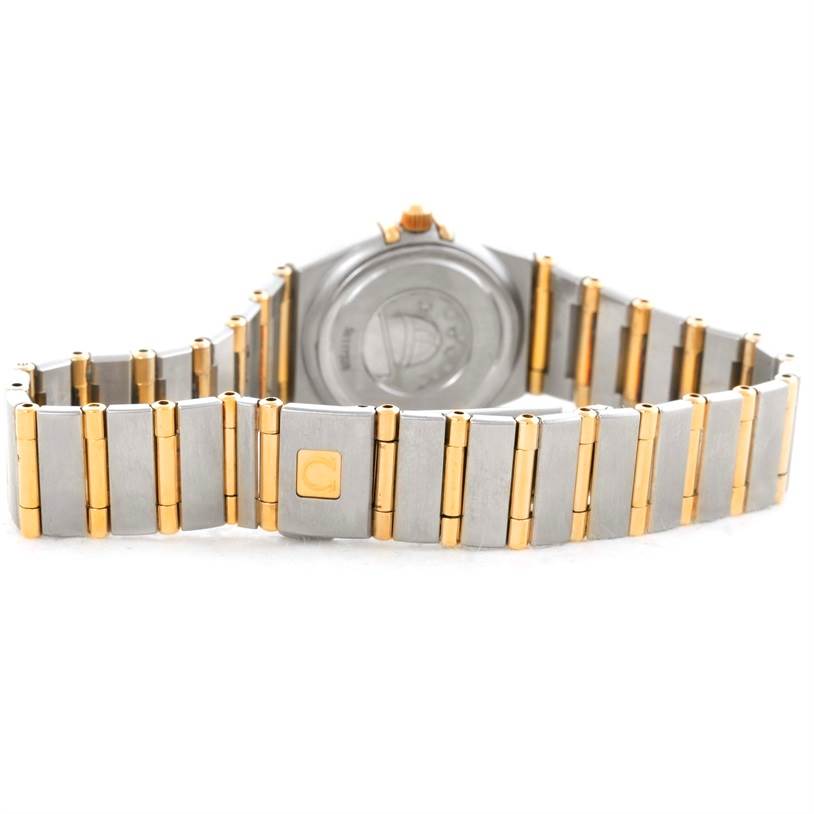 This image shows the back view and bracelet of the Omega 1267.75.00 Women
s Steel and Gold (two tone) Mother of Pearl Dial 1267.75.00 Women
s Steel and Gold (two tone) Mother of Pearl Dial Constellation My Choice Mini Diamond Watch 1267.75.00.