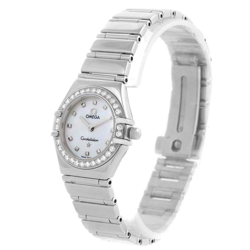 The Omega 1465.71.00 Women
s Stainless Steel Mother of Pearl Dial 1465.71.00 Women
s Stainless Steel Mother of Pearl Dial Constellation My Choice Ladies Mini Diamond Watch 1465.71.00 is shown at a slight angle highlighting its face, strap, and side view.