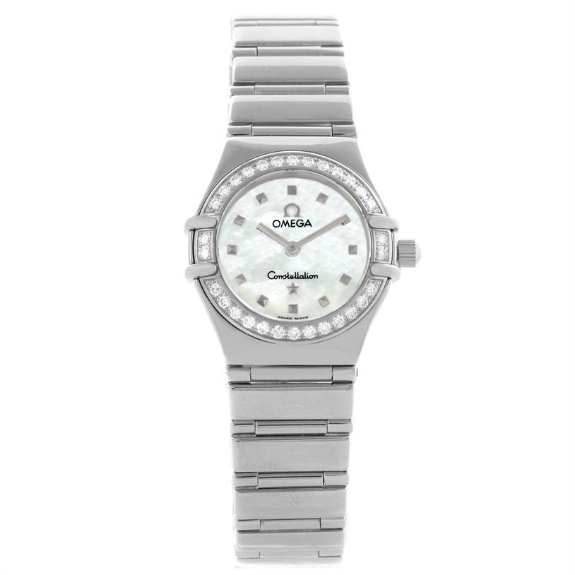 This is a front view of the Omega 1465.71.00 Women
s Stainless Steel Mother of Pearl Dial 1465.71.00 Women
s Stainless Steel Mother of Pearl Dial Constellation My Choice Ladies Mini Diamond Watch 1465.71.00, showing the face, bezel, and bracelet.