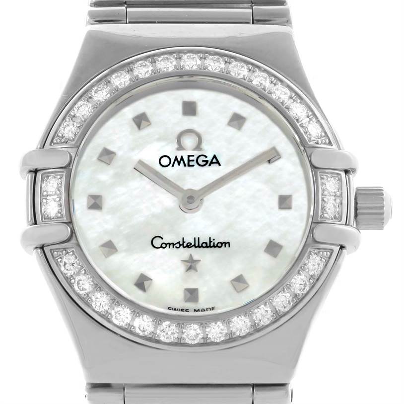 The image shows a front view of the Omega 1465.71.00 Women
s Stainless Steel Mother of Pearl Dial 1465.71.00 Women
s Stainless Steel Mother of Pearl Dial Constellation My Choice Ladies Mini Diamond Watch 1465.71.00, highlighting its diamond bezel.