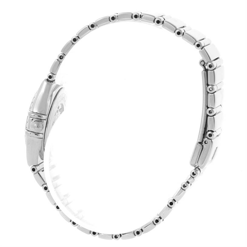 The Omega 1465.71.00 Women
s Stainless Steel Mother of Pearl Dial 1465.71.00 Women
s Stainless Steel Mother of Pearl Dial Constellation My Choice Ladies Mini Diamond Watch 1465.71.00 is shown from a side angle, displaying part of the bracelet and clasp.