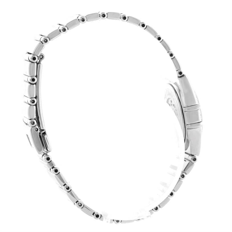 The image shows the side profile of an Omega 1465.71.00 Women
s Stainless Steel Mother of Pearl Dial 1465.71.00 Women
s Stainless Steel Mother of Pearl Dial Constellation My Choice Ladies Mini Diamond Watch 1465.71.00, focusing on the band and clasp.