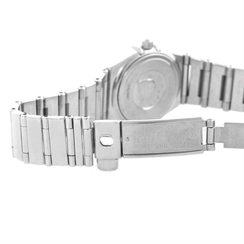 The image shows the clasp and part of the stainless steel bracelet of the Omega 1465.71.00 Women
s Stainless Steel Mother of Pearl Dial 1465.71.00 Women
s Stainless Steel Mother of Pearl Dial Constellation My Choice Ladies Mini Diamond Watch 1465.71.00.