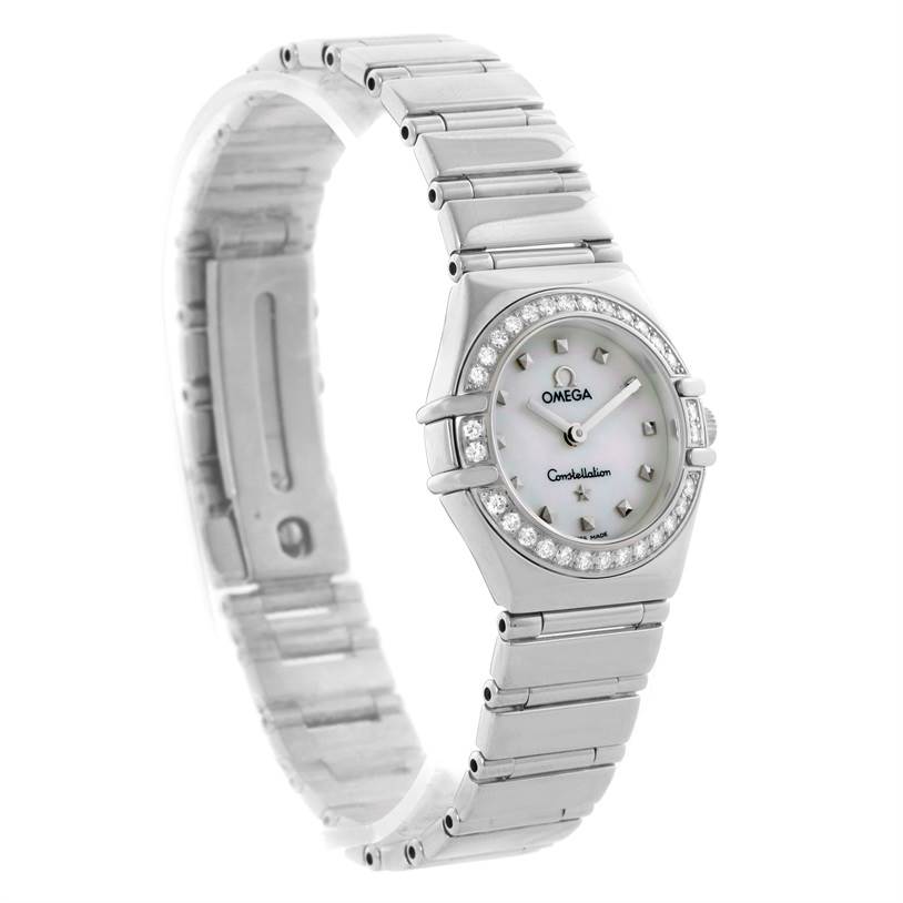 The image shows a front and slight side angle of the Omega 1465.71.00 Women
s Stainless Steel Mother of Pearl Dial 1465.71.00 Women
s Stainless Steel Mother of Pearl Dial Constellation My Choice Ladies Mini Diamond Watch 1465.71.00, highlighting the dial, bezel, and bracelet.