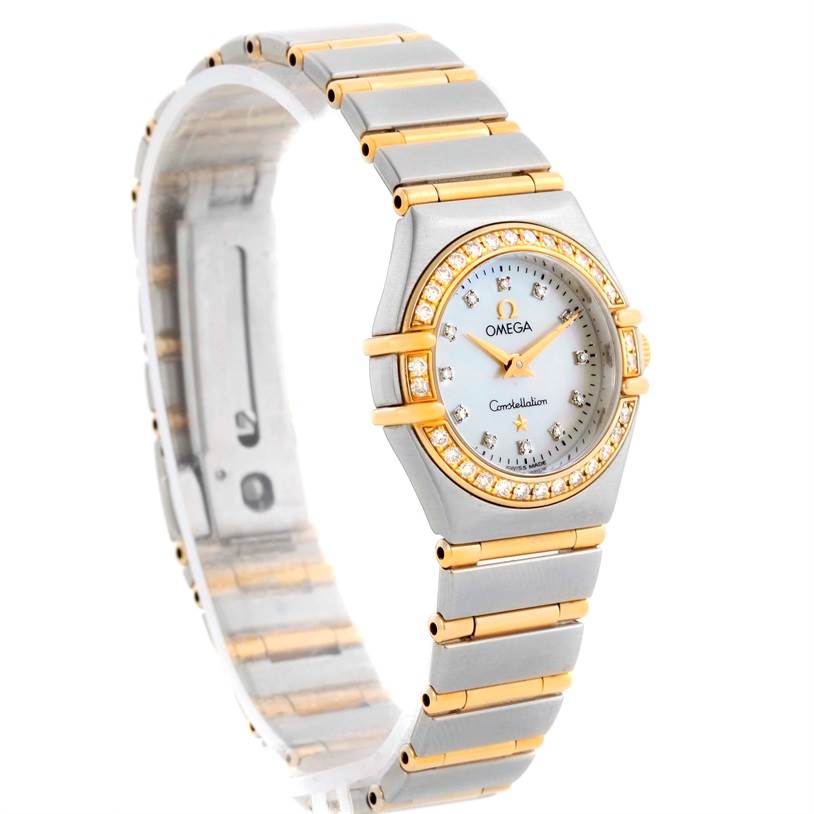 The Omega 1267.75.00 Women
s Steel and Gold (two tone) Mother of Pearl Dial 1267.75.00 Women
s Steel and Gold (two tone) Mother of Pearl Dial Constellation My Choice Mini Two Tone Diamond Watch 1267.75.00 is shown at a 3/4 angle displaying the face and bracelet.