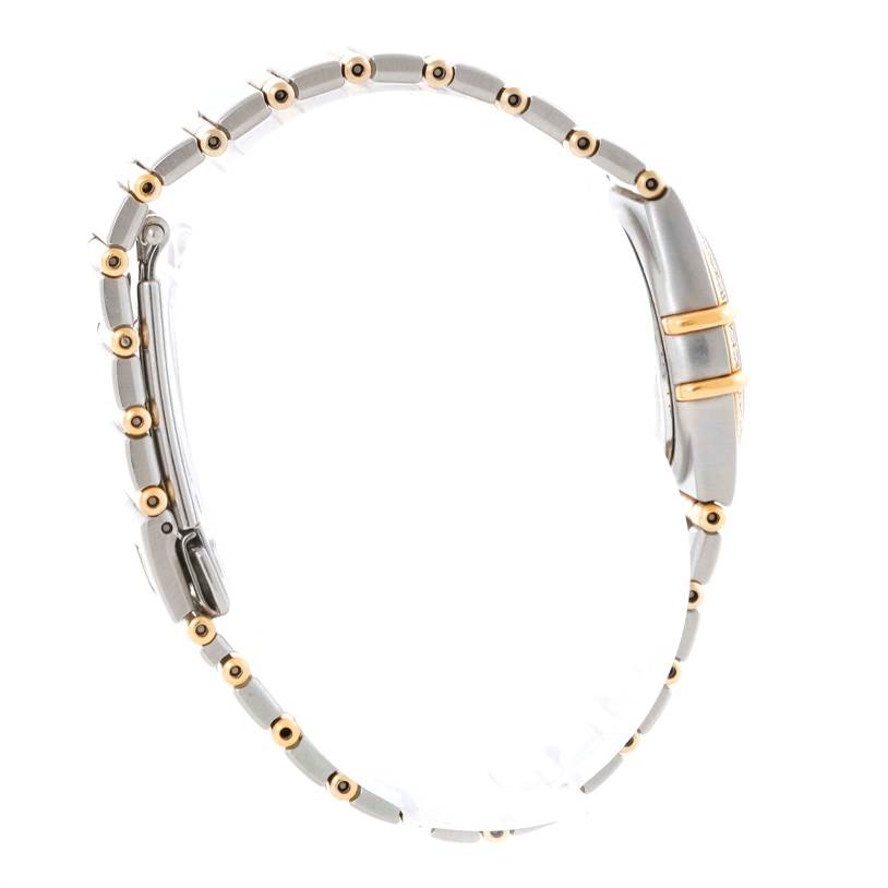 The image shows a side view of the Omega 1267.75.00 Women
s Steel and Gold (two tone) Mother of Pearl Dial 1267.75.00 Women
s Steel and Gold (two tone) Mother of Pearl Dial Constellation My Choice Mini Two-Tone Diamond Watch 1267.75.00, focusing on its band and case.