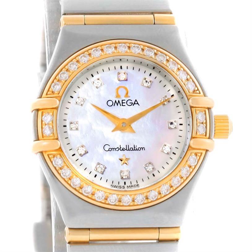The image shows a frontal view of the Omega 1267.75.00 Women
s Steel and Gold (two tone) Mother of Pearl Dial 1267.75.00 Women
s Steel and Gold (two tone) Mother of Pearl Dial Constellation My Choice Mini Two Tone Diamond Watch 1267.75.00, highlighting its face and bezel.
