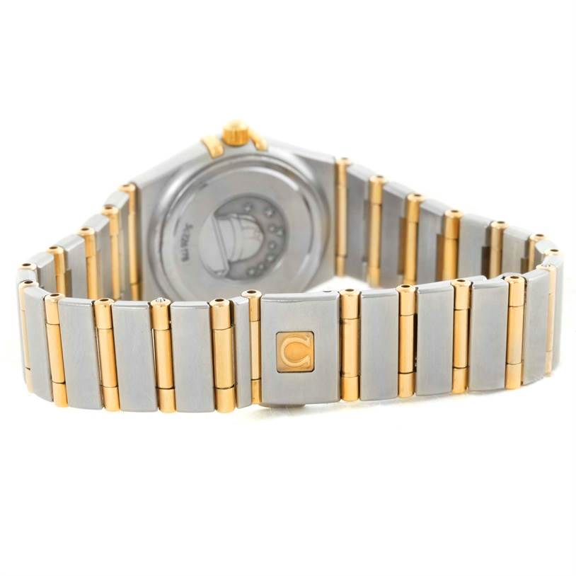 The image shows the back and bracelet of the Omega 1267.75.00 Women
s Steel and Gold (two tone) Mother of Pearl Dial 1267.75.00 Women
s Steel and Gold (two tone) Mother of Pearl Dial Constellation My Choice Mini Two Tone Diamond Watch 1267.75.00.