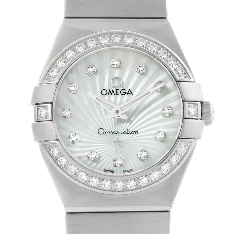 The image shows a front view of the Omega 123.15.27.60.55.002 Women
s Stainless Steel Mother of Pearl Dial 123.15.27.60.55.002 Women
s Stainless Steel Mother of Pearl Dial Constellation 27mm Diamond Watch, model 123.15.27.60.55.002, highlighting its face and bezel.