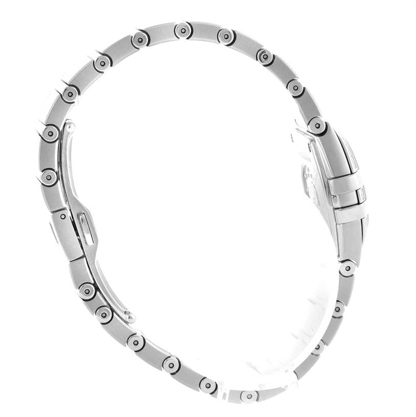 The image shows a side view of the Omega 123.15.27.60.55.002 Women
s Stainless Steel Mother of Pearl Dial 123.15.27.60.55.002 Women
s Stainless Steel Mother of Pearl Dial Constellation 27mm Diamond Watch 123.15.27.60.55.002, focusing on the watch band and clasp.