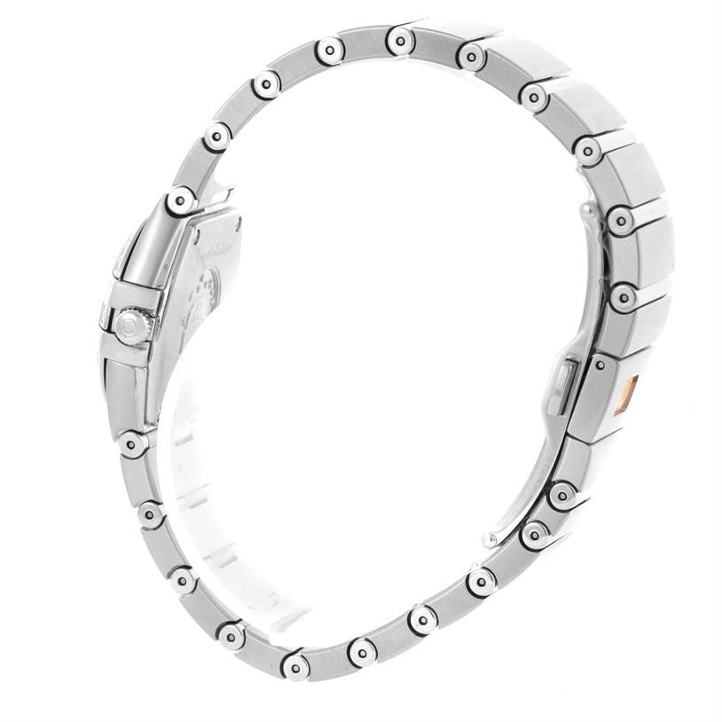 The image shows a side profile of the Omega 123.15.27.60.55.002 Women
s Stainless Steel Mother of Pearl Dial 123.15.27.60.55.002 Women
s Stainless Steel Mother of Pearl Dial Constellation 27mm Diamond Watch 123.15.27.60.55.002 Unworn model, highlighting its bracelet and clasp.