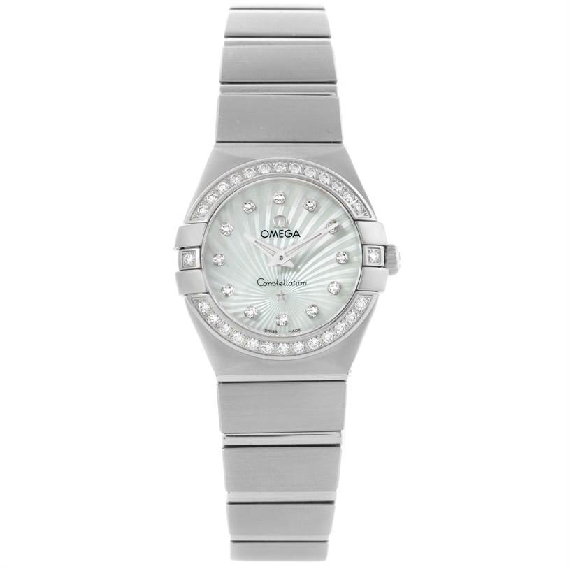 The Omega 123.15.27.60.55.002 Women
s Stainless Steel Mother of Pearl Dial 123.15.27.60.55.002 Women
s Stainless Steel Mother of Pearl Dial Constellation 27mm Diamond Watch 123.15.27.60.55.002 is shown from the front, displaying its face and bracelet.