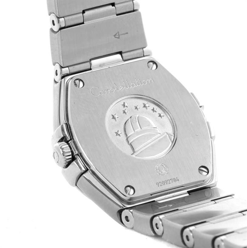 The image shows the back case and bracelet of the Omega 123.15.27.60.55.002 Women
s Stainless Steel Mother of Pearl Dial 123.15.27.60.55.002 Women
s Stainless Steel Mother of Pearl Dial Constellation 27mm Diamond Watch 123.15.27.60.55.002 from a slightly angled view.