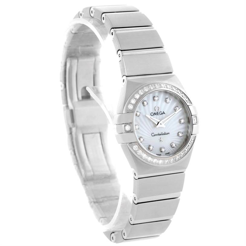 The Omega 123.15.27.60.55.002 Women
s Stainless Steel Mother of Pearl Dial 123.15.27.60.55.002 Women
s Stainless Steel Mother of Pearl Dial Constellation 27mm Diamond Watch 123.15.27.60.55.002 is shown from a front-angle view, highlighting its face, bezel, and bracelet.