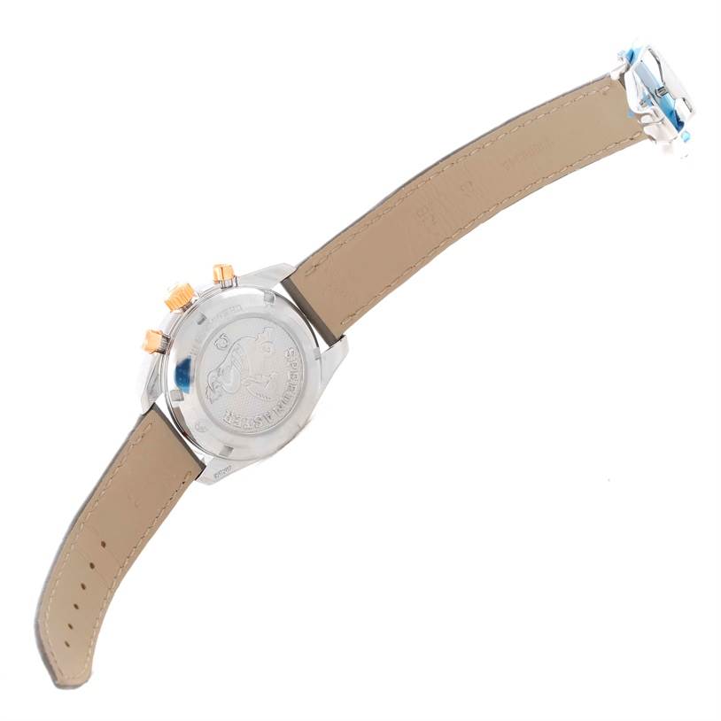 The image shows the back view of the Omega 324.28.38.40.06.001 Men's Steel and Gold (two tone) Grey Dial 324.28.38.40.06.001 Men's Steel and Gold (two tone) Grey Dial Speedmaster Chronograph Diamond Watch 324.28.38.40.06.001, highlighting the case back and leather strap.