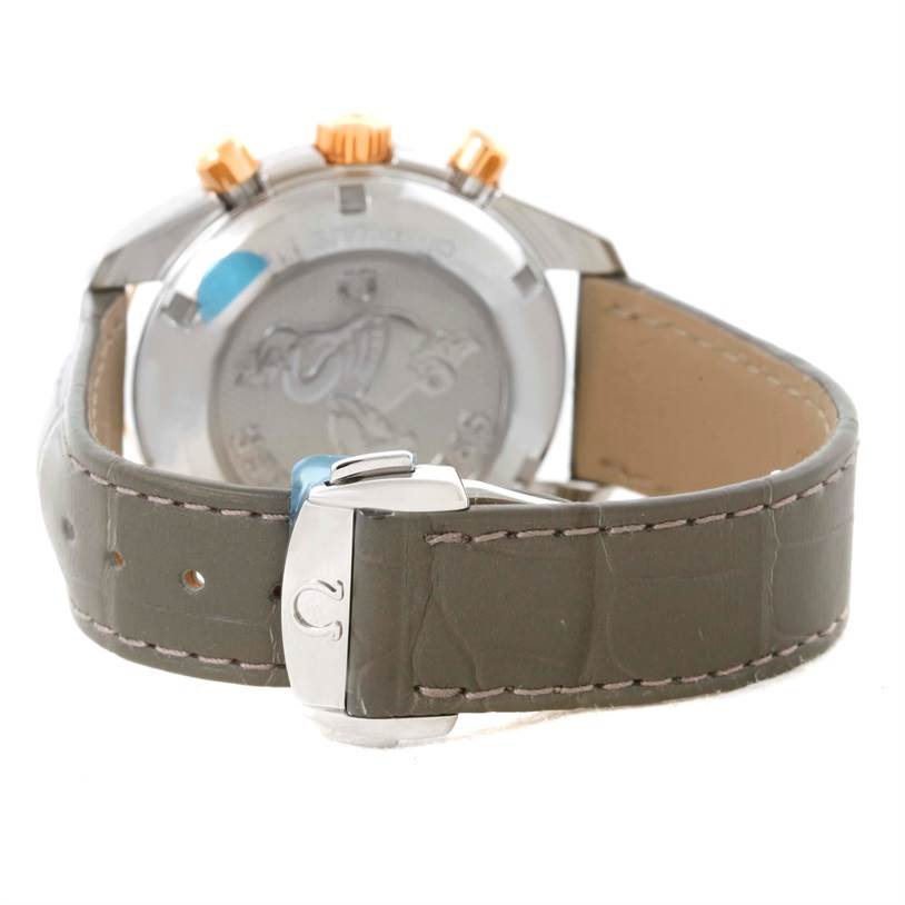 The image shows the back of the Omega 324.28.38.40.06.001 Men's Steel and Gold (two tone) Grey Dial 324.28.38.40.06.001 Men's Steel and Gold (two tone) Grey Dial Speedmaster Chronograph Diamond Watch model 324.28.38.40.06.001, including the strap and clasp.