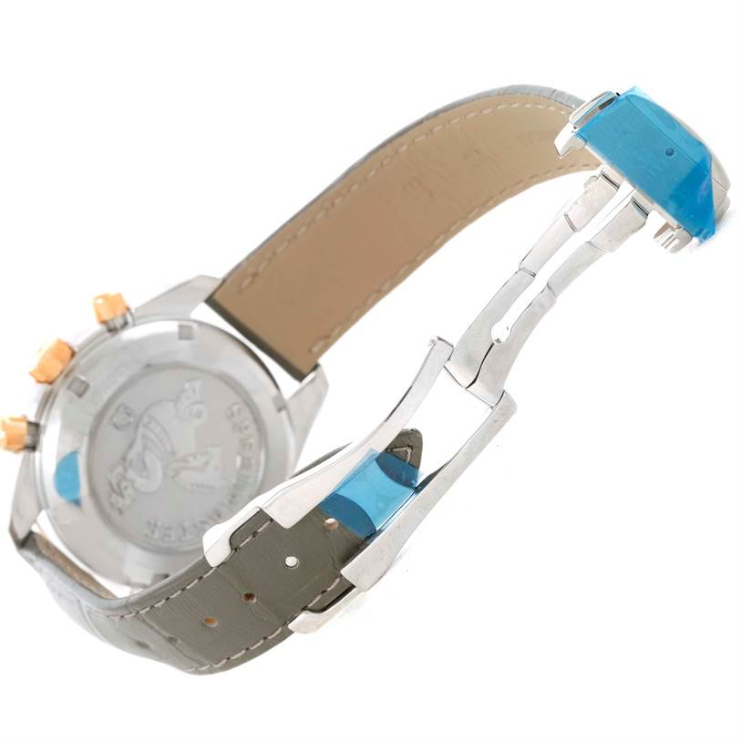 The image shows the back and side of the Omega 324.28.38.40.06.001 Men's Steel and Gold (two tone) Grey Dial 324.28.38.40.06.001 Men's Steel and Gold (two tone) Grey Dial Speedmaster Chronograph Diamond Watch 324.28.38.40.06.001, highlighting the clasp and strap.