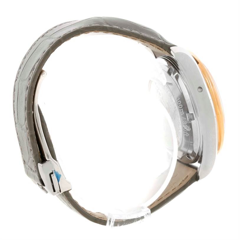 The image shows a side view of the Omega 324.28.38.40.06.001 Men's Steel and Gold (two tone) Grey Dial 324.28.38.40.06.001 Men's Steel and Gold (two tone) Grey Dial Speedmaster Chronograph Diamond Watch 324.28.38.40.06.001, highlighting the casing and strap.