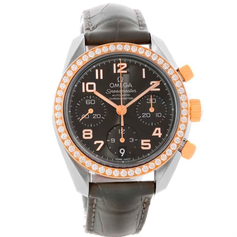 The Omega 324.28.38.40.06.001 Men's Steel and Gold (two tone) Grey Dial 324.28.38.40.06.001 Men's Steel and Gold (two tone) Grey Dial Speedmaster Chronograph Diamond Watch model 324.28.38.40.06.001 is shown from the front, highlighting its face, diamond bezel, and leather strap.