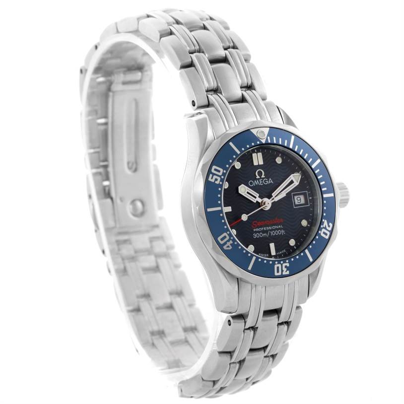 The Omega 2224.80.00 Women's Stainless Steel Blue Dial 2224.80.00 Women's Stainless Steel Blue Dial Seamaster Professional 300M Ladies Watch 2224.80.00 is shown at a three-quarter angle highlighting the bracelet, bezel, and dial.