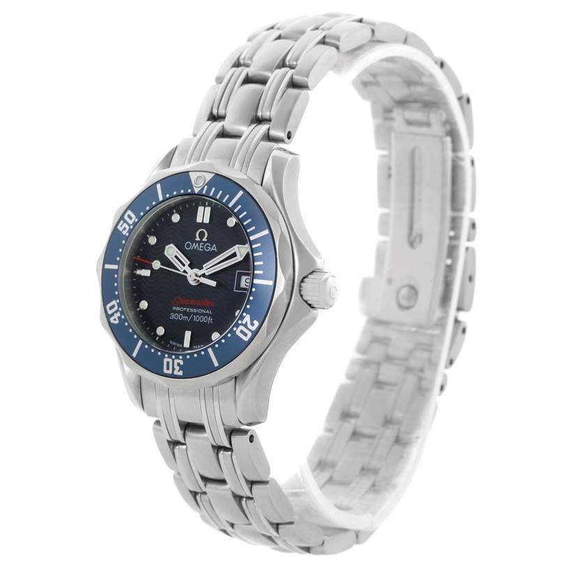 This image shows a side and front view of the Omega 2224.80.00 Women's Stainless Steel Blue Dial 2224.80.00 Women's Stainless Steel Blue Dial Seamaster Professional 300M Ladies Watch 2224.80.00, highlighting the face and bracelet.