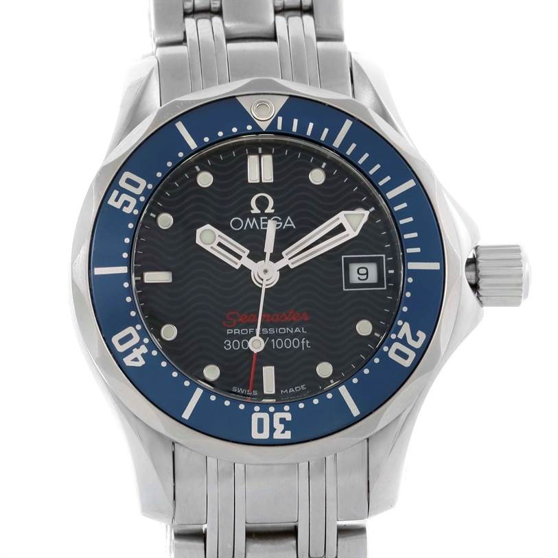 The image shows the front view of the Omega 2224.80.00 Women's Stainless Steel Blue Dial 2224.80.00 Women's Stainless Steel Blue Dial Seamaster Professional 300M Ladies Watch 2224.80.00, highlighting the dial and bezel.