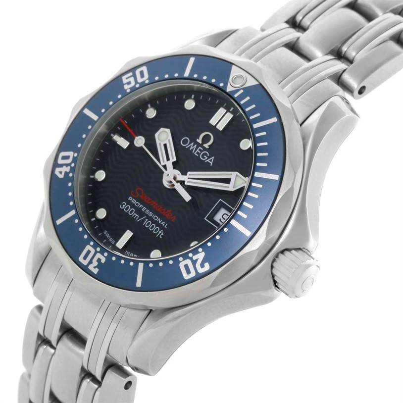 The image shows an angled view of the Omega 2224.80.00 Women's Stainless Steel Blue Dial 2224.80.00 Women's Stainless Steel Blue Dial Seamaster Professional 300M Ladies Watch 2224.80.00, highlighting the dial, bezel, and bracelet.