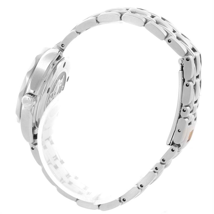 This image shows the side view of an Omega 2224.80.00 Women's Stainless Steel Blue Dial 2224.80.00 Women's Stainless Steel Blue Dial Seamaster Professional 300M Ladies Watch 2224.80.00, highlighting the bracelet and case.