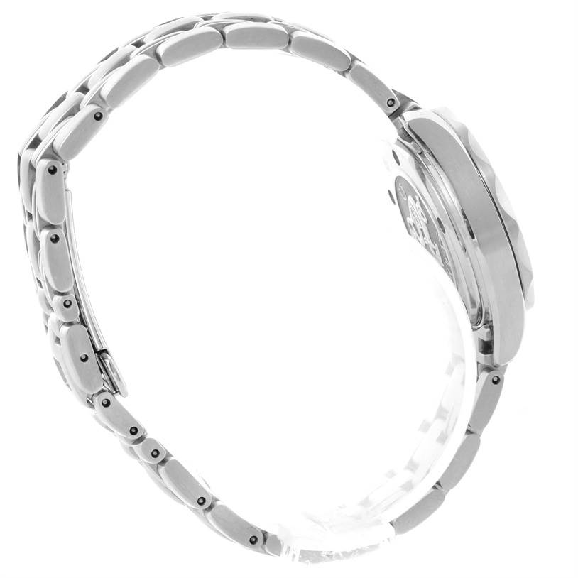 The image shows a side profile of the Omega 2224.80.00 Women's Stainless Steel Blue Dial 2224.80.00 Women's Stainless Steel Blue Dial Seamaster Professional 300M Ladies Watch 2224.80.00, highlighting the bracelet and case back.