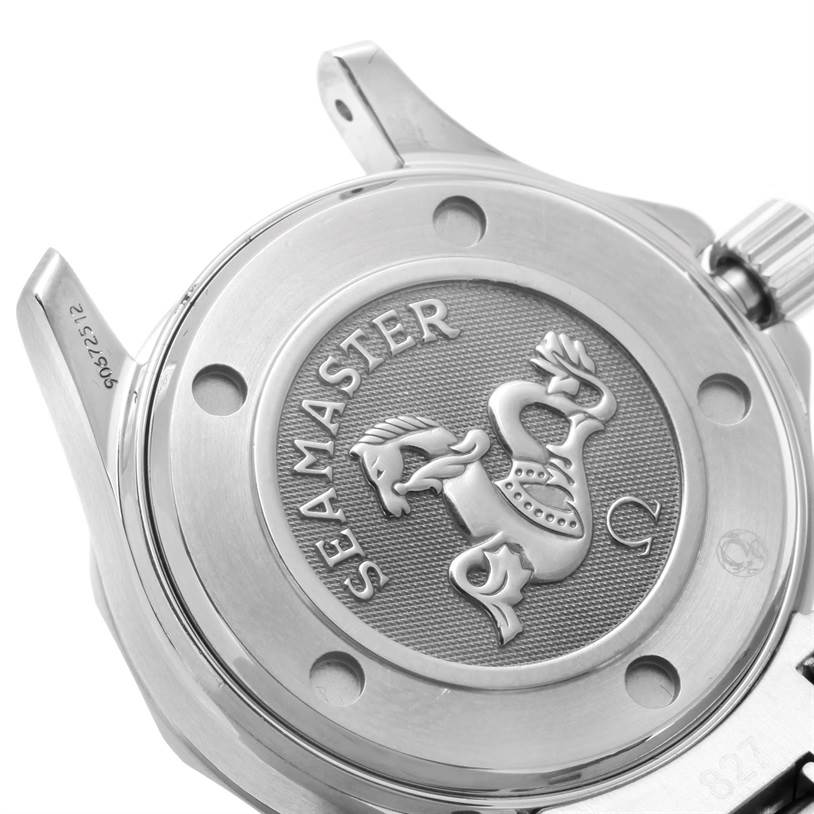 The image shows the back case and crown of the Omega 2224.80.00 Women's Stainless Steel Blue Dial 2224.80.00 Women's Stainless Steel Blue Dial Seamaster Professional 300M Ladies Watch 2224.80.00 with the Seamaster emblem.